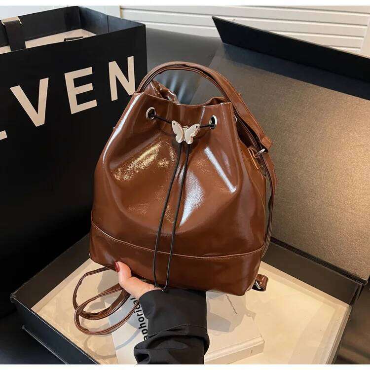 Brand Designer Oil PU Leather Women S Backpack Retro Drawstring Small Bucket School Travel Bag