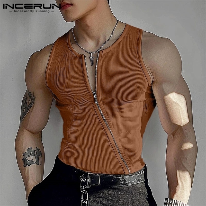 2025 Men Tank Tops Solid Color Knitted Zipper Sleeveless Male Vests Summer Streetwear Skinny Fashion Men Clothing S3XL INCERUN250827ww