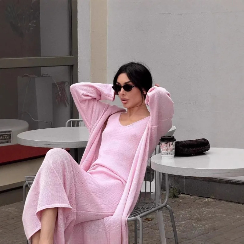 Fashion lazy and casual knitted hollow vest long skirt longsleeved cardigan suit for women soft 250826