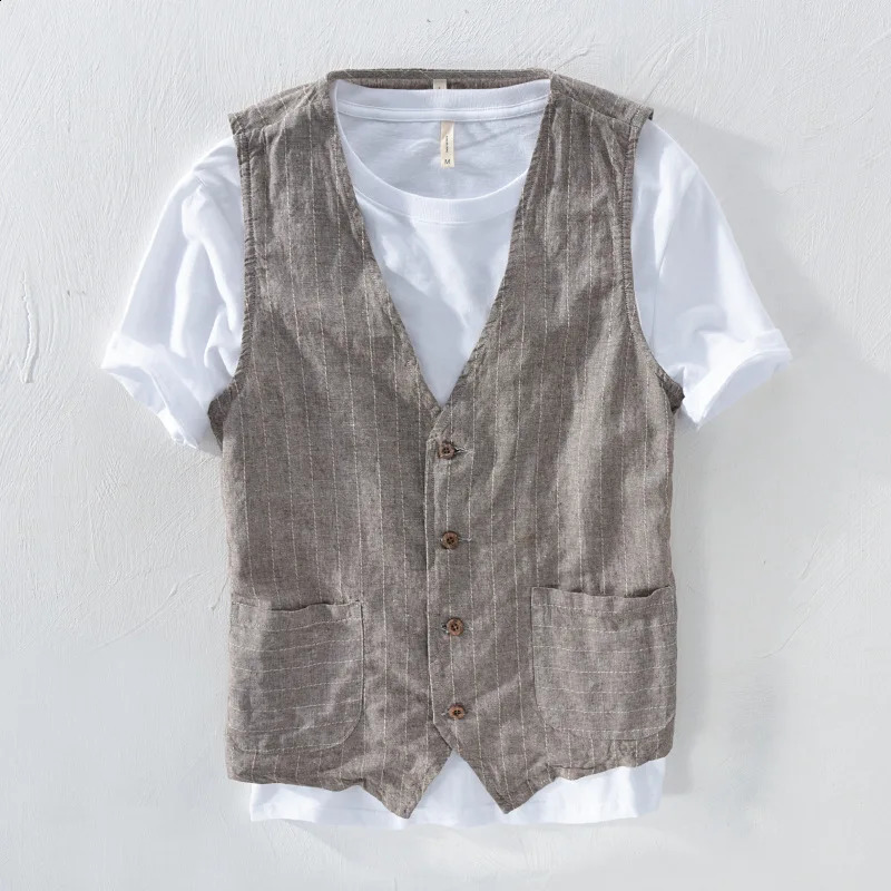 Men Vintage Vest Slim Linen Cotton Blazer Vest Male Casual Thin Striped Suit Waistcoat Clothing Asian Size M3XL250826