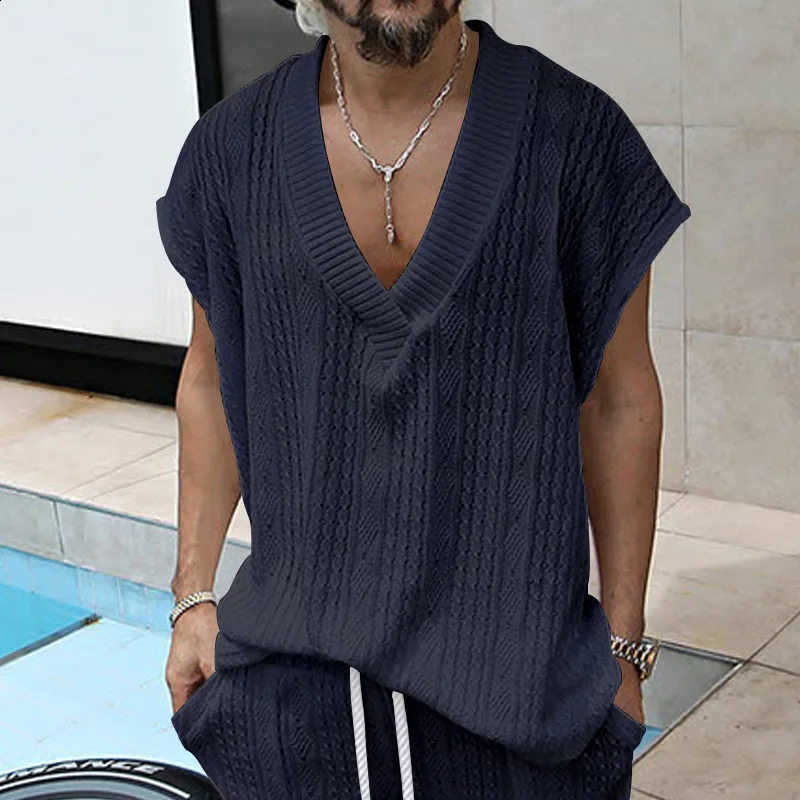 2024American summer plus size mens fashion trendy simple jacquard sweater sleeveless vest casual sports vest jacket250827