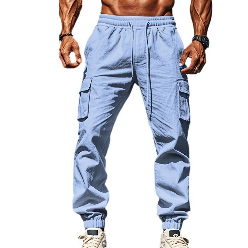 Mens Trousers Casual Large Size Drawstring Multipocket Wide Tube Bundle Thin Cotton and Linen Men Pants250826