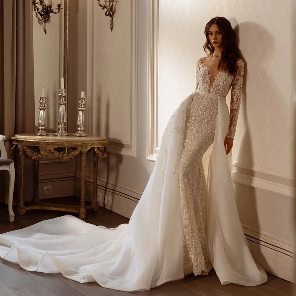 Sweetheart Long Sleeve Mermaid Wedding Dress 3D-Floral Appliques with Detachable Train Sexy Backless Bridal Dress Lace Custom Made Color/Size