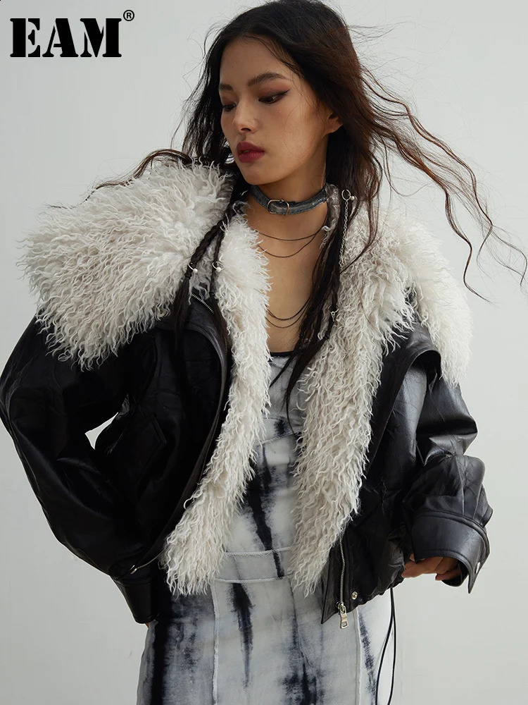 EAM Black Big Size PU Leather Jacket Removable Fur Collar Long Sleeve Women Coat Fashion Spring Autumn 1DH2121 250826