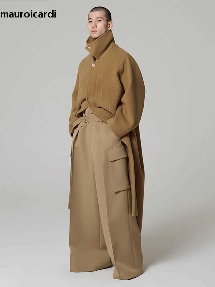 Mauroicardi Autumn Winter Oversized Long Khaki Warm Soft Woolen Coat Men Single Breasted Wool Blends Overcoat European FashionXJ250827