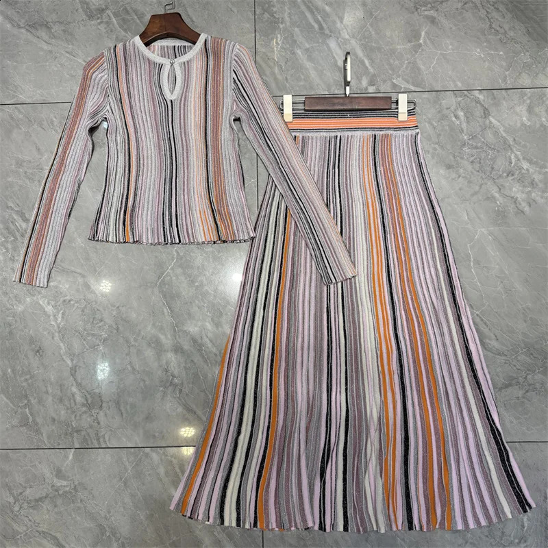Womens suit elastic knitted slim fit round neck pullover for summer Metal yarn blended stripes two pieces set 250827