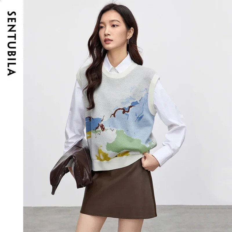 SENTUBILA Wool Blend Sweater Vest for Women 2025 Spring Fashion Commute Art Jacquard Sleeveless Crew Neck Knitwear W51J58916 250823