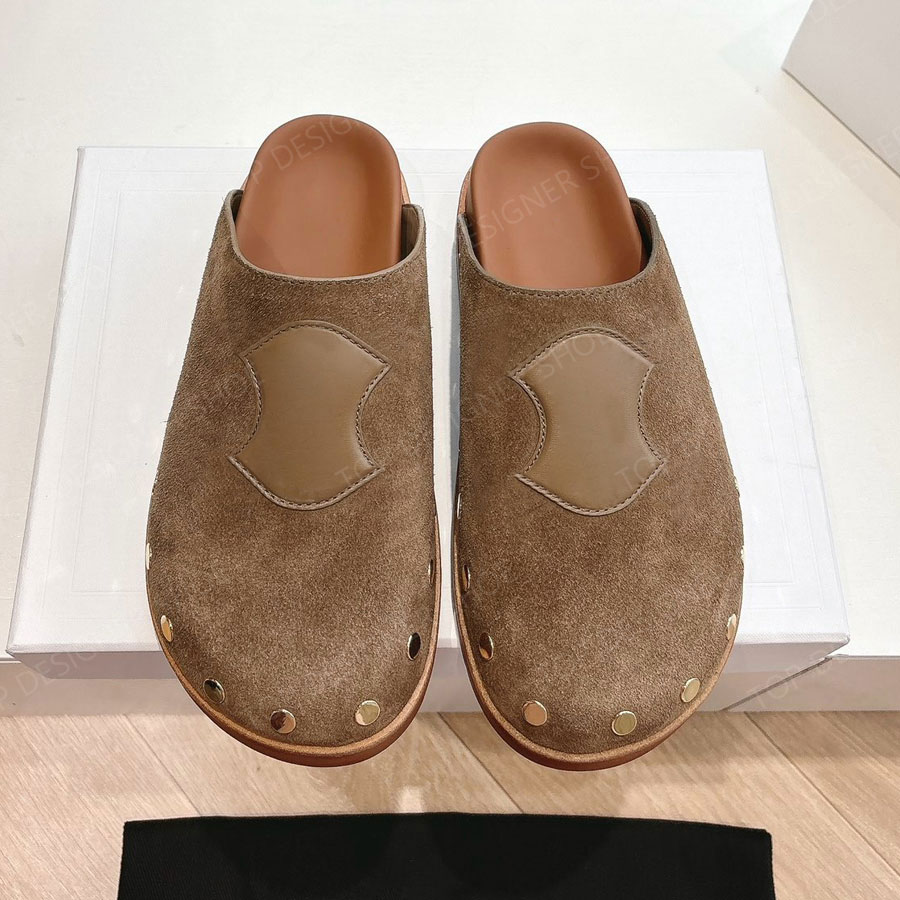 top quality Suede leather mules shoes Flat heel slipper slides womens slip on sandal Beach Sandals Luxury designer slides for womens Leisure vacatio