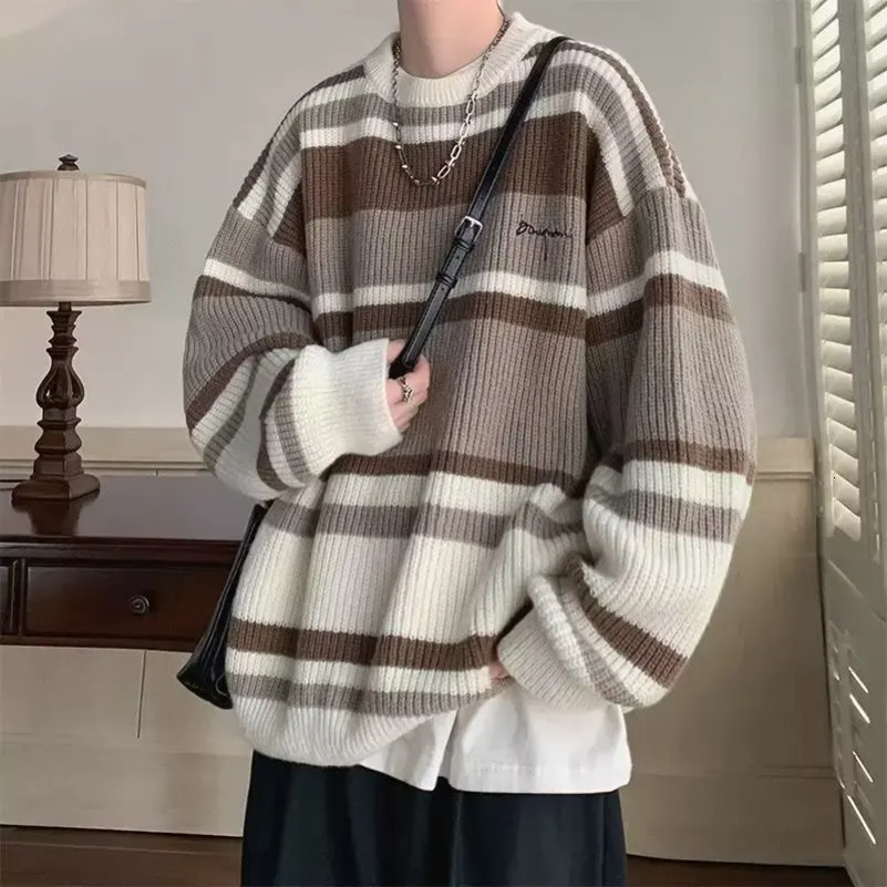 Japanese Vintage Idle Style Color Block Striped Sweater Men Women Autumn Winter n Sensibility Niche Outer Wear Knitted Top 250826