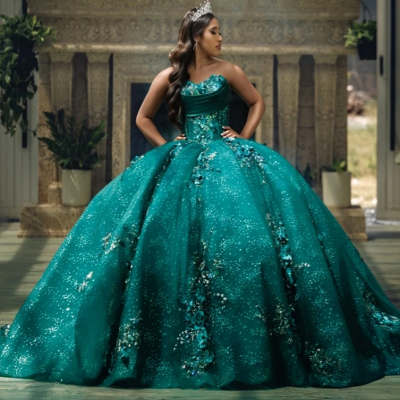 Blackish Green Shiny Quinceanera Dresses Ball Gown Off The Shoulder Applique Flower Beads Tull Corset Party Birthday Sweet 16 Dress Vestidos 15 De A