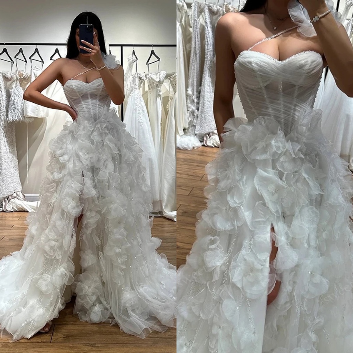 Designer A Line Women Wedding Dress Sweetheart Neck Sleeveless Bridal Gowns 3D Appliques Split Side Sweep Train Dress Customized vestidos de novia