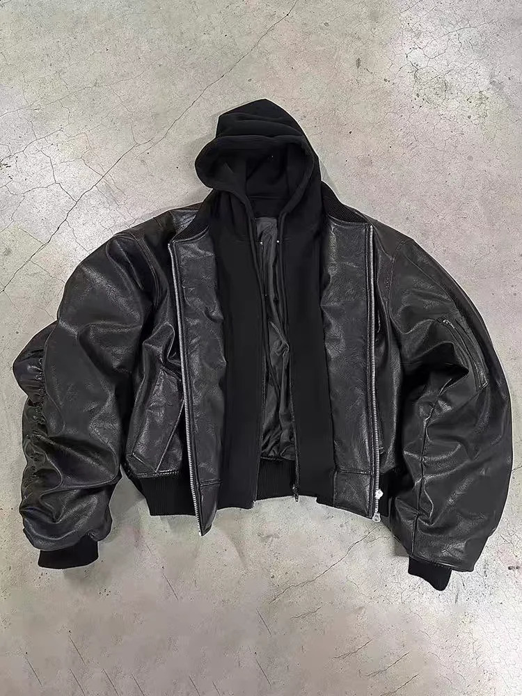 Y2k Autumn Winter Oversized Cool Black Thickened Warm Pu Leather Bomber Jacket Men Hood y ner 2 Clothes 250827