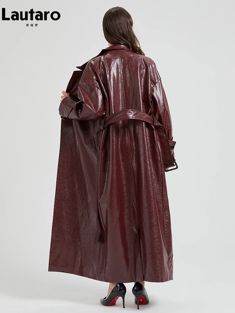 Lautaro Spring Autumn Extra Long Burgundy Pu Leather Trench Coat for Women with Belt Elegant y ner Maxi Overcoat 250826