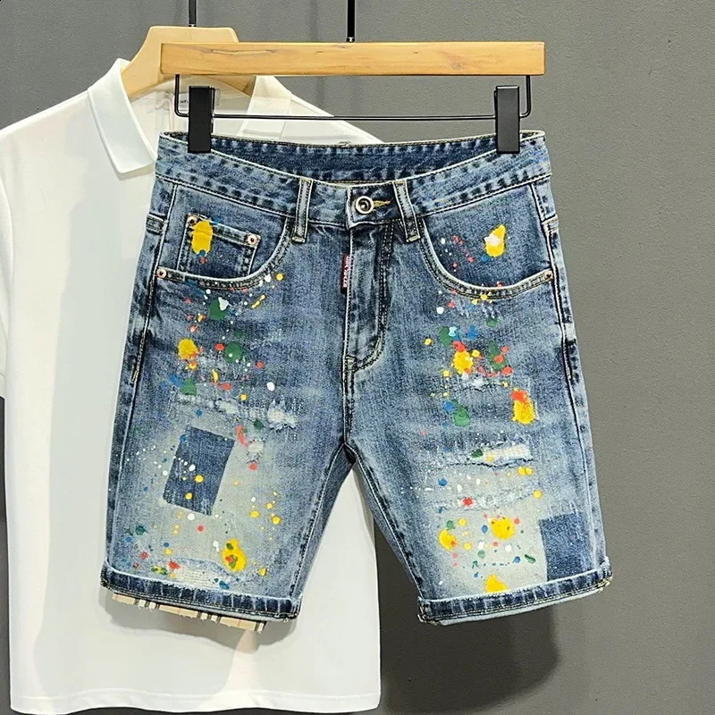 Trendy Denim Shorts For Men Summer Style Washed Blue Hole Punk American Style Slim Fit Graffiti Painted Mid Waist Pants250826