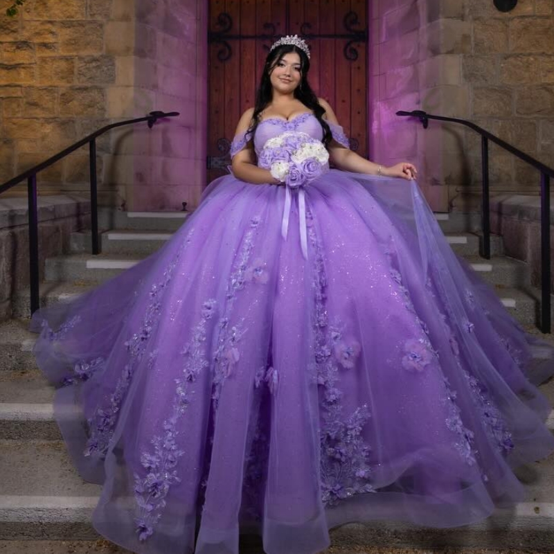 Lavender Shiny Princess Off the Shoulder Sweet 16 Dress Quinceanera Dresses Applique Flower Beads Bow Tull Party Birthday Vestidos De 15 Anos