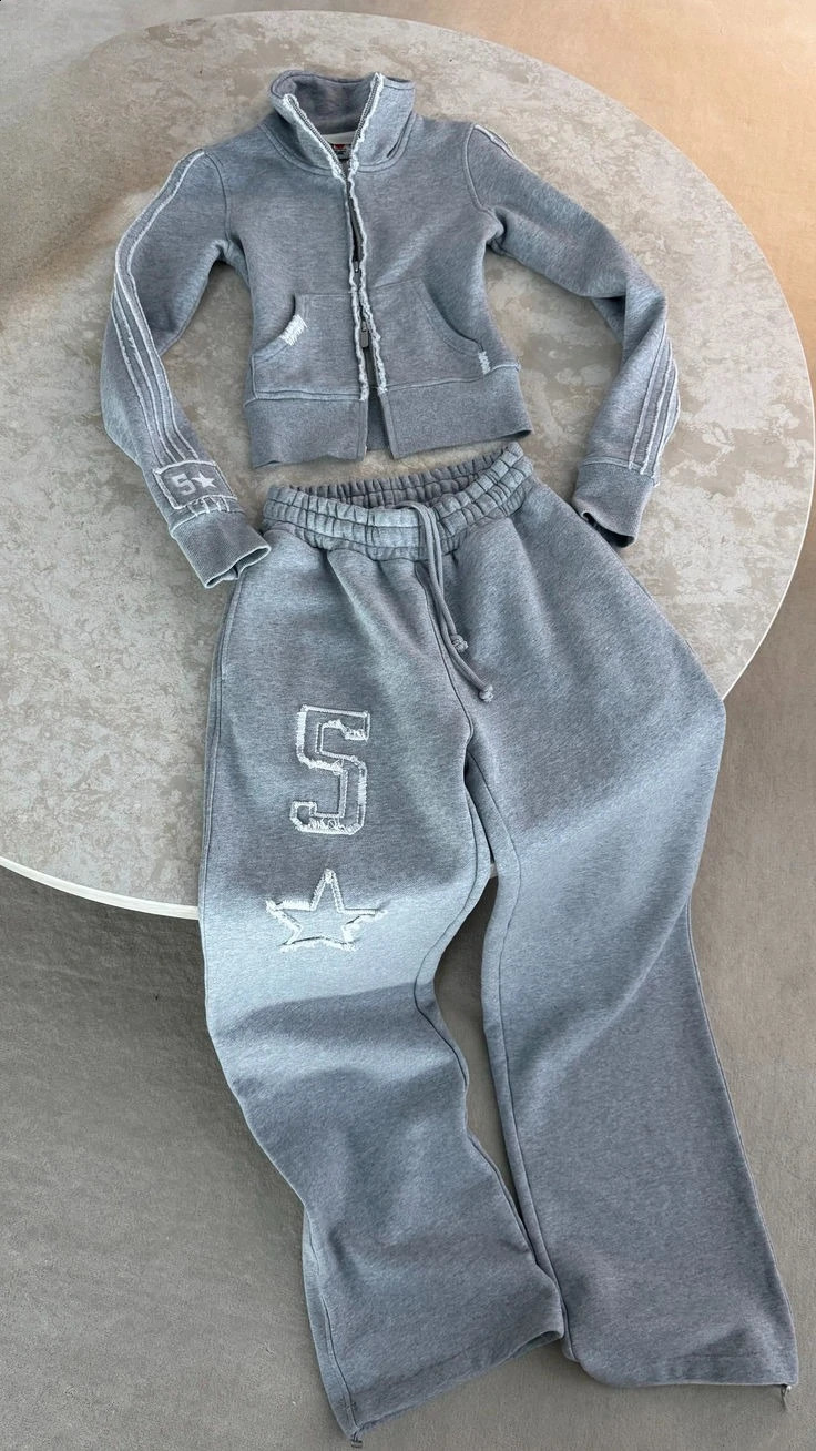 Y2K Fashion Light Gray Zipper Sportswear Outfits Women Goth Letter Graphic Patch Jacket Sweatshirt Harajuku Straight Sweatpants 250827