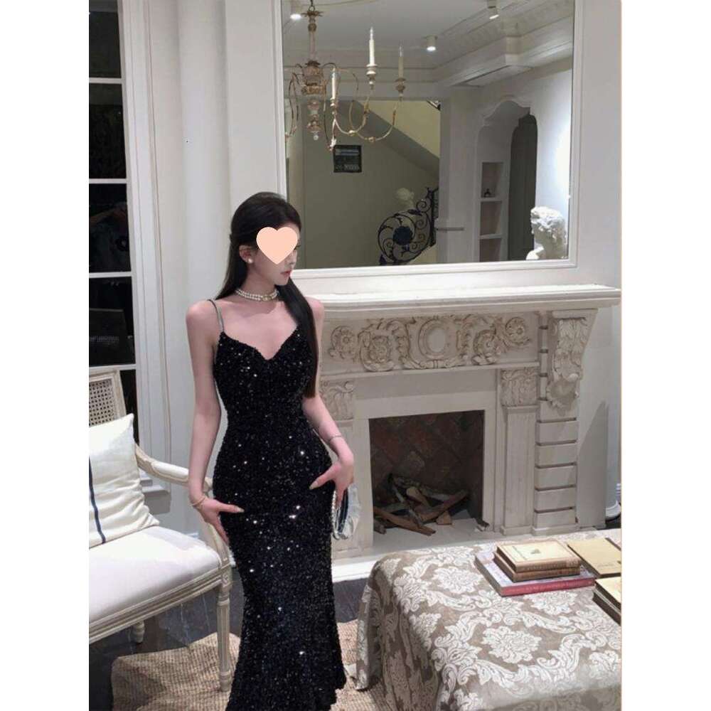 Bestseller Nana~ Autumn Winter Velvet Sequin Mermaid Long Elegant Collar French Style Strap Dress Women's Sleeveless Ddmylion