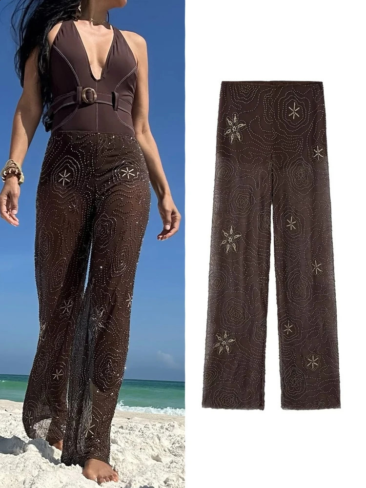 HXAO Womens Pants Sequin Beaded Trousers Tulle Breathable High Waist Summer Fashion Streetwear Woman Long 250827