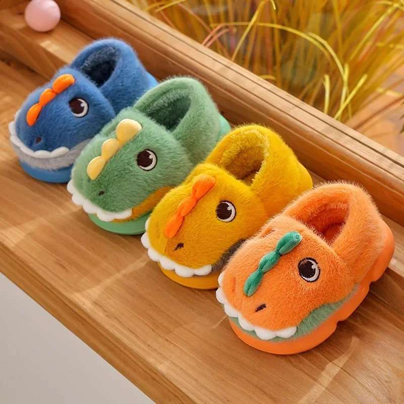 Cute Cartoon Dinosaur Children Plush Slippers Soft Sole Nonslip Winter Warm Baby Boys Girls Indoor Home Heel Wrap Cotton Shoes250826