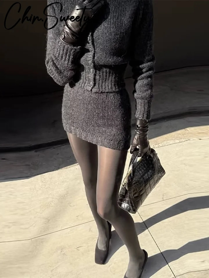 Fashion Knitted Skirt Women Sets Solid O Neck Single Breasted Full Sleeve Sweater Mini Skirts Autumn 2 Piece Lady Suit 250827