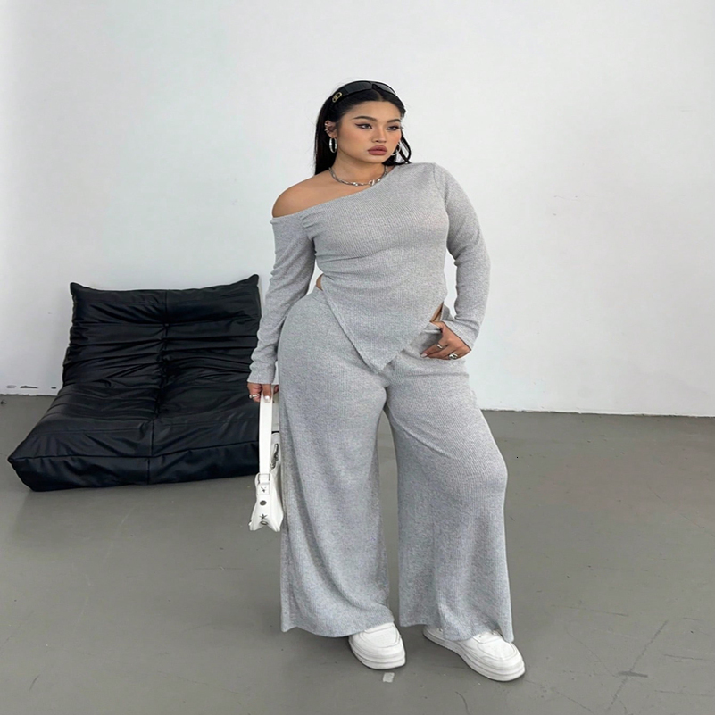 Plus Size Sexy Slash Shoulder Long Sleeve Casual Pants Two Piece Set Style Leisure Solid Colour Home 250826