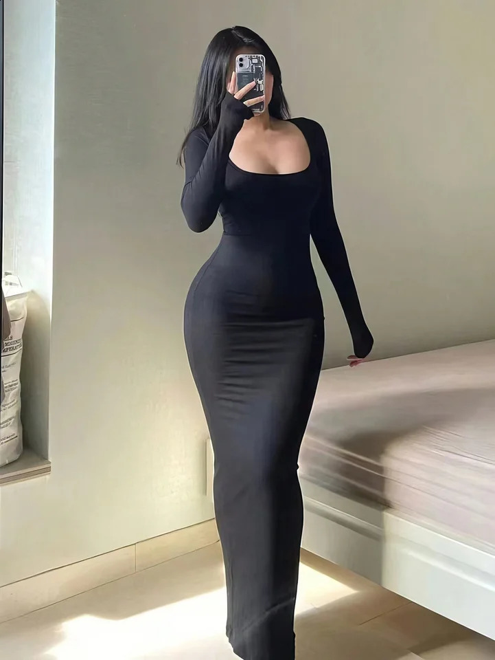 Womens Solid Long Sleeve Bodycon Dress Chic Basic Minimalist Causual Fashion Scoop Neck Womenswear 250827
