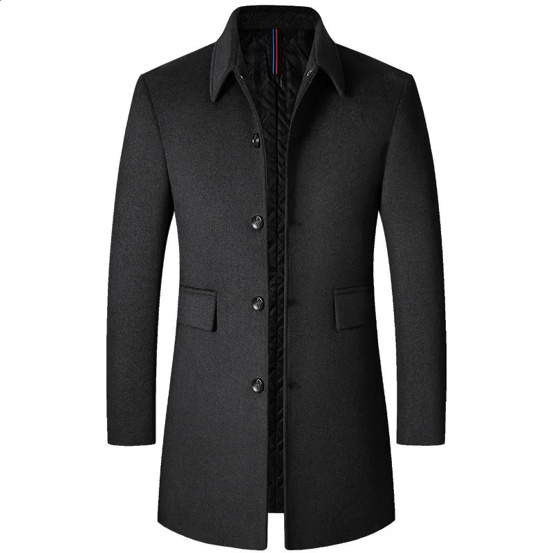 Autumn and Winter Mens Coat Medium Long Smooth Hair Lapel Neck Woolen Trench Middleaged Thickened Men 250827