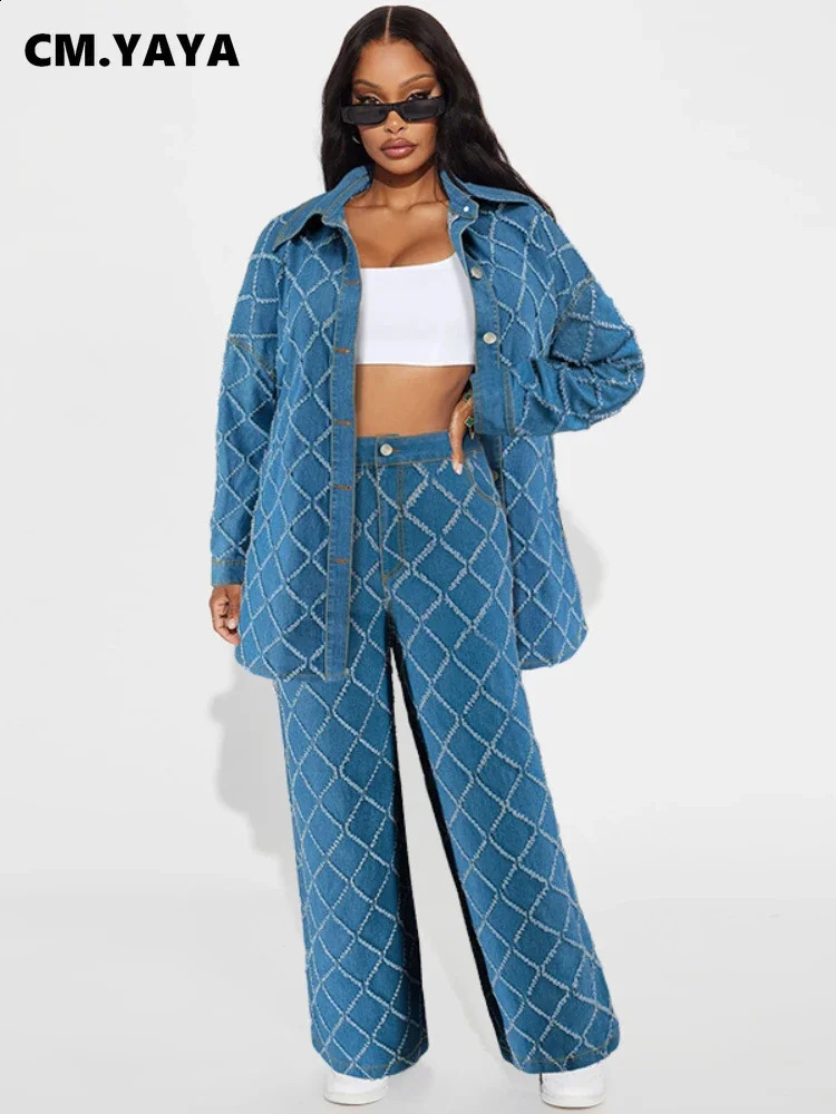 CMYAYA Fashion Womens Set Plaid Long Sleeve Denim Shirt wide Leg Pants Suit Winter Street Party Two 2 Piece Outfit 250827