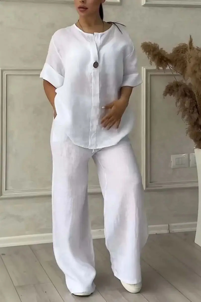 Womens Cotton and Linen Pants Suit Casual Solid Pullover 2piece Set White Pink Simple Wide Leg Two Piece Suits 250827