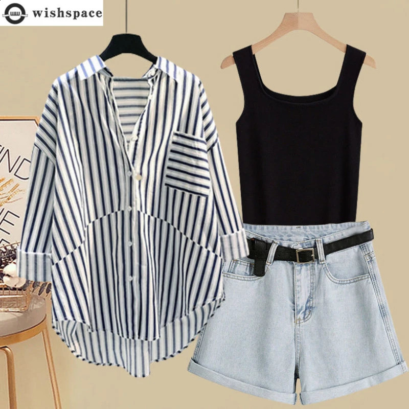 Spring and Summer Suit Womens Korean Version Sunscreen Shirt Vest Slimming Versatile Denim Shorts Threepiece Set 250827