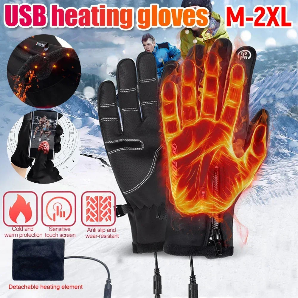 USB 3 Gears Touch Screen Heated Motorcycle Gloves Outdoor Winter Ski Gloves Sport Fishing Warm Riding Bicycle Gloves 250819