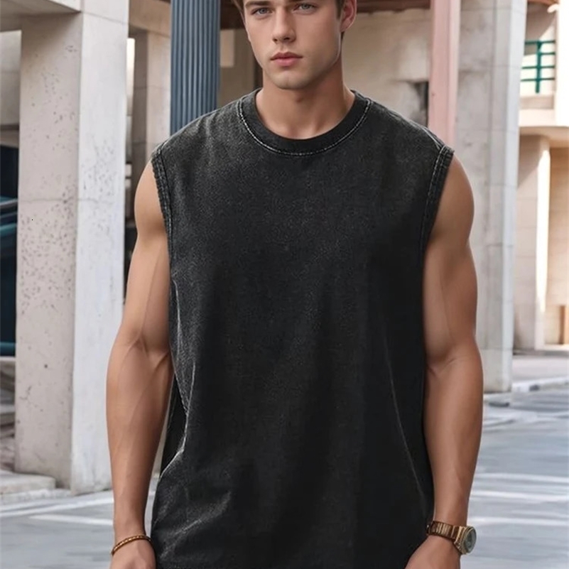 2025 Summer Mens Washed Cotton Tank Tops Muscle Gym Sleeveless Workout T Shirts Running Beach Loose Cutoff Tees250827