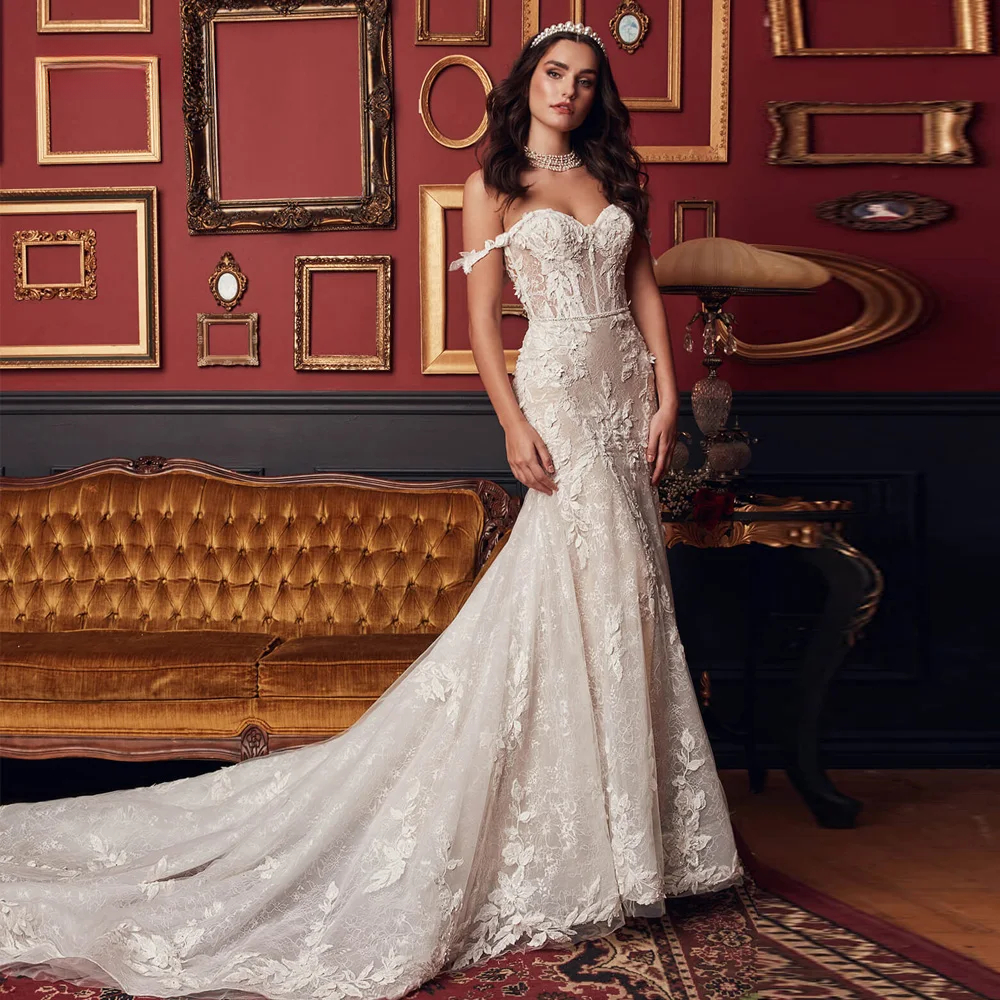 Mermaid Sexy Wedding Dresses Sweetheart Off The Shoulder Lace 3D-Floral Appliques Chic Bridal Gown Custom Made Color/Size