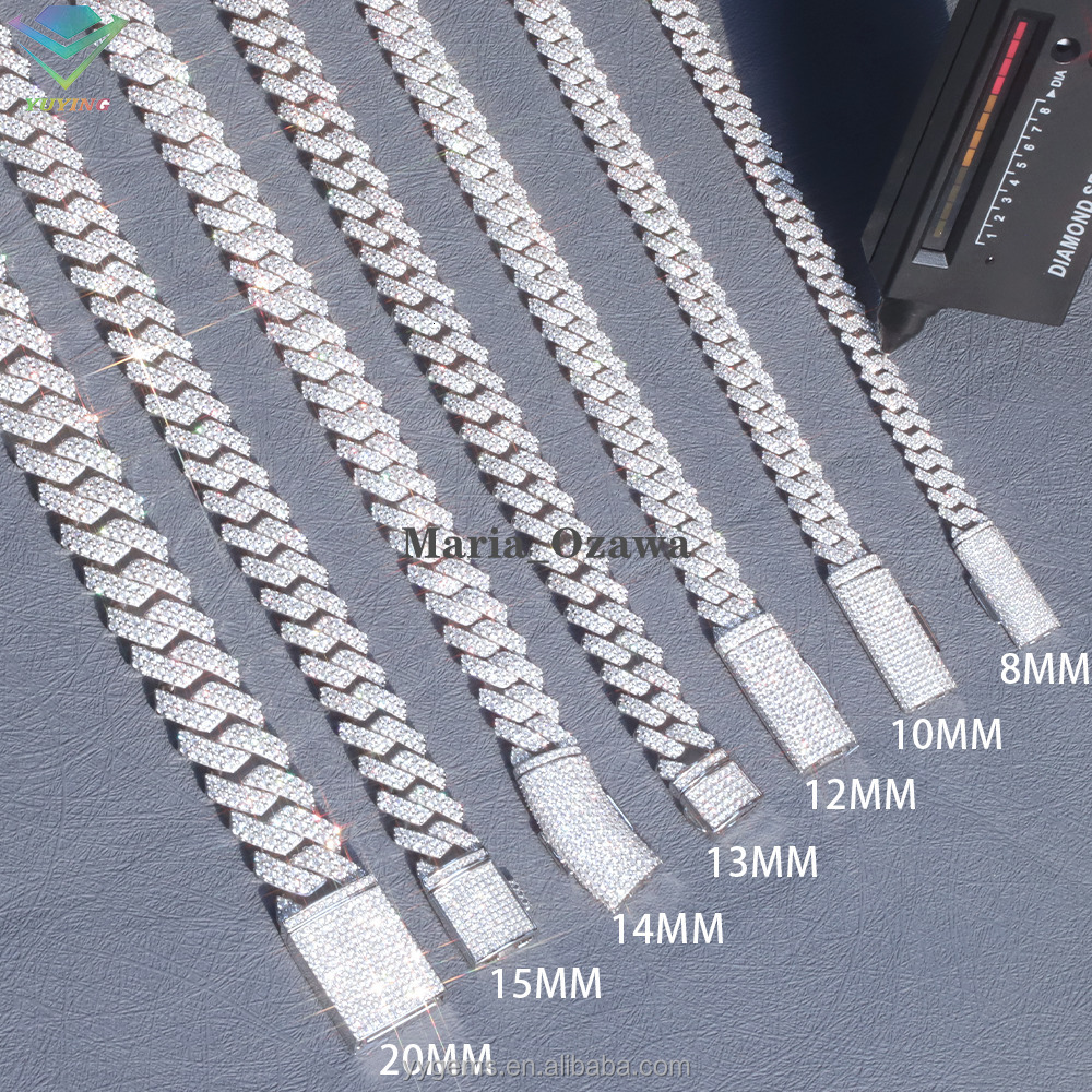 In Stock 2Rows Iced Out S925 Sterling Vvs Moissanite 8mm 10mm 12mm 14mm Cuban Link Chain Miami Cuban Chain Hip Hop Necklace