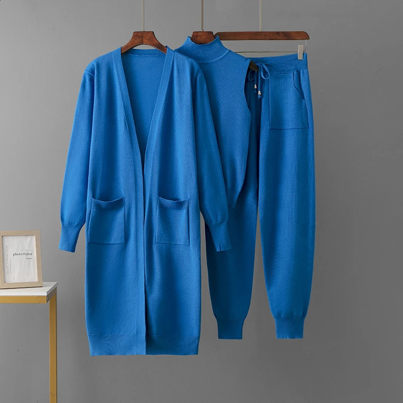 Fashion Women Sweater 3 Piece Set Tracksuit Autumn Long Cardigan CoatHalf Turtleneck VestWide Leg Pants Knitted Suits Outfits 250827
