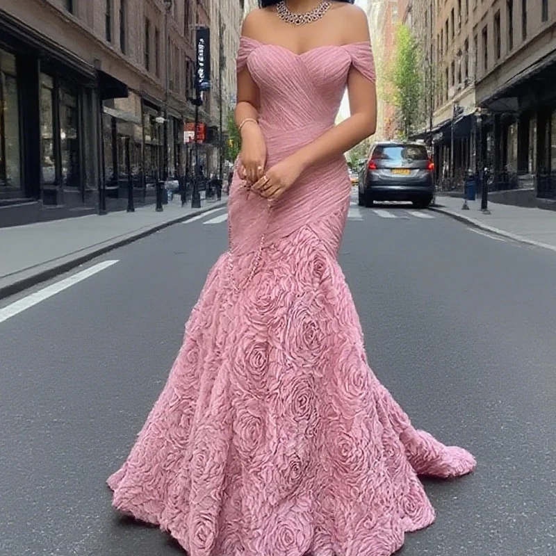 2026 Luxury Pink Prom Pageant Dress Off the Shoulder 3D Flowers Lace Mermaid Long Evening Party Dresses Formal Gown Gala robe de soiree