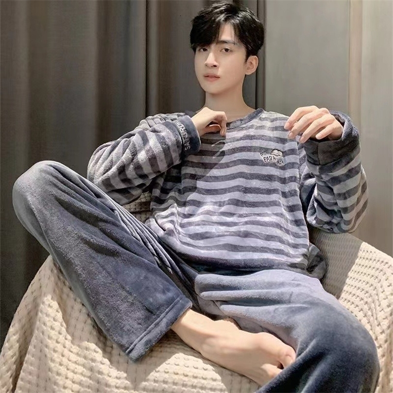 Winter Flannel Pajamas Men Korean Version of the Striped Padded LongSleeved Cartoon Nightwear Homewear Set Sleepwear Loungewear250826ww