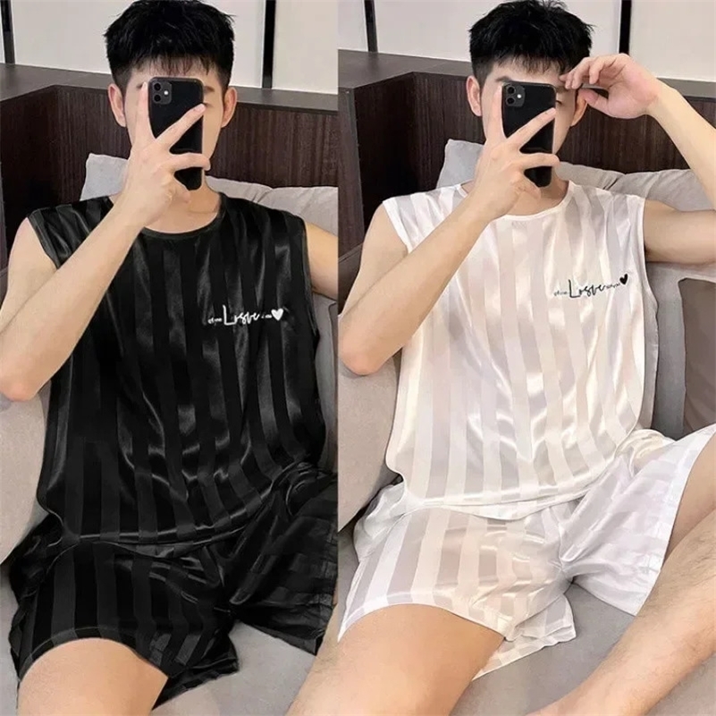 Pajamas Mens Ice Silk Thin Vest Shorts Mens Loungewear Set Large Size Sleeveless Comfortable Casual Loungewear250827