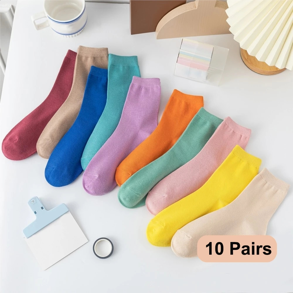 10 Pairs/Lot Woman Cotton Socks Men Sock Solid Color Autumn Spring For Females Soft Breathable Colorful Girl250827