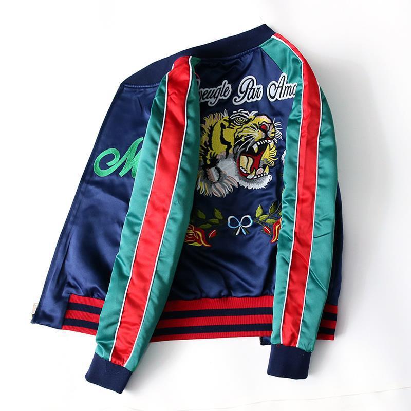 Classic Japanese Style Retro Tiger Embroidery Slim Jacket Hoodie Stand Collar Trendy Men Women Vintage Baseball Stripe Bomber Hoodies Jackets Zip Up