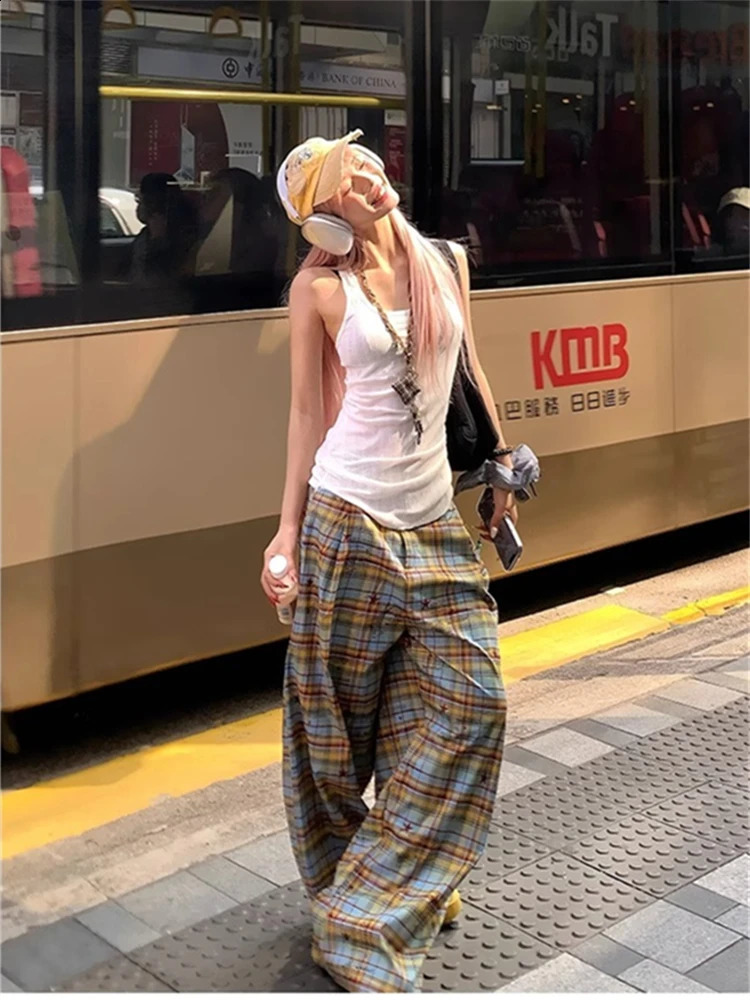 American Style Dopaamine Checkered Wide Leg Pants Women Summer Vintage Loose Casual Drapey Long Trousers Fashionable Fit 250827