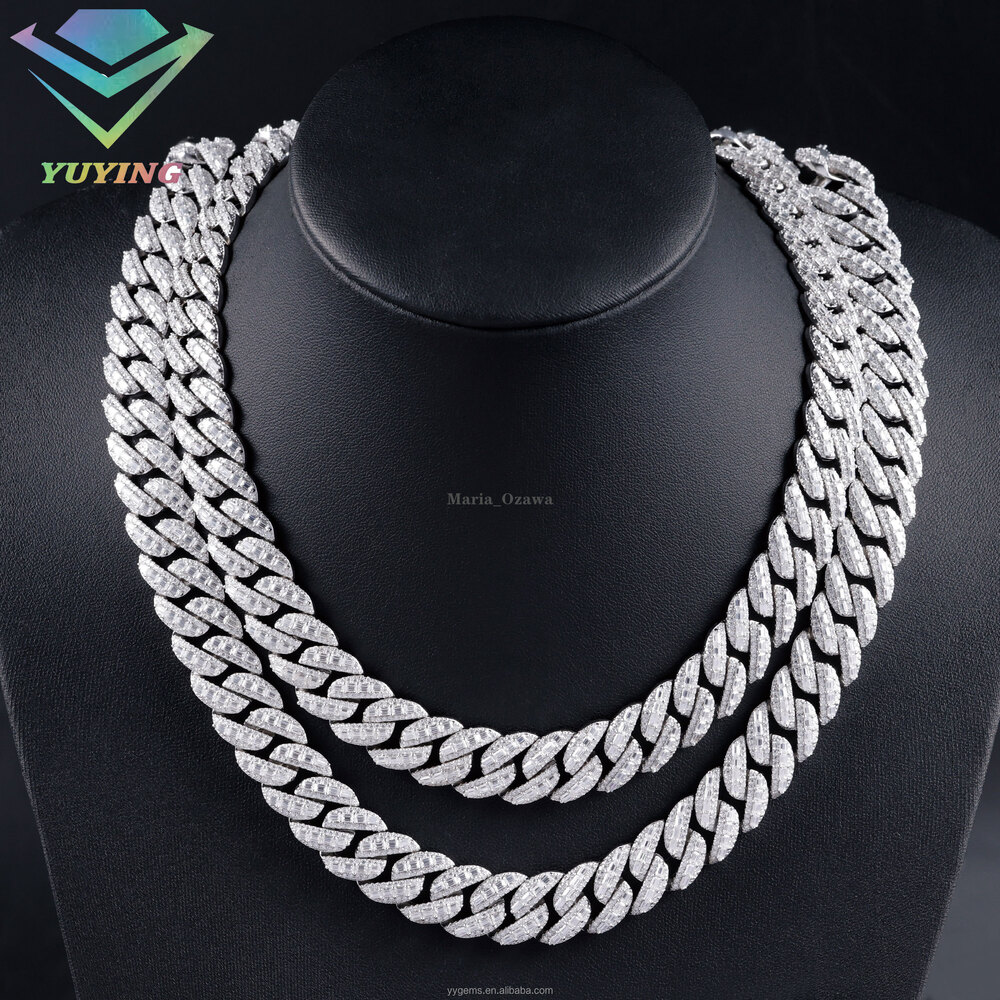Hip Hop Jewelry 15mm Solid 925 Sterling Silver Men Diamond Chain Iced Out Baguette VVS Moissanite Cuban Link Chain Necklaces