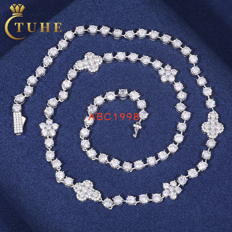 New Arrival Fashion 925 Sterling Silver Tennis Chain Flower Cross Moissanite Diamond Fine Jewelry Link Chain Necklace for Party