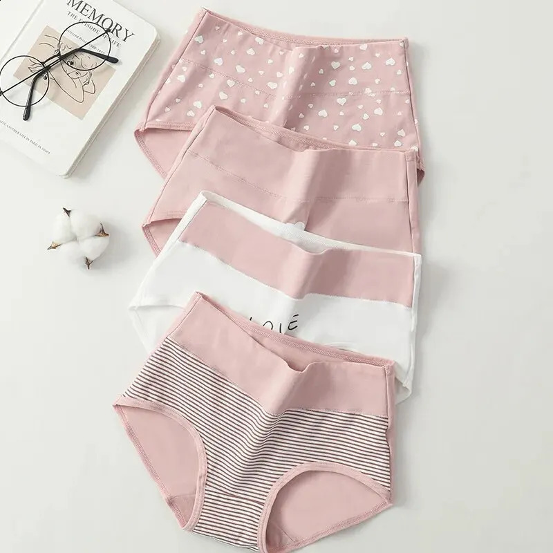 4Pcs Womens Panties High Waist Underwear Fashion Print Girls Briefs Breathable Cotton Panty Plus Size M5XL Female Lingerie250826