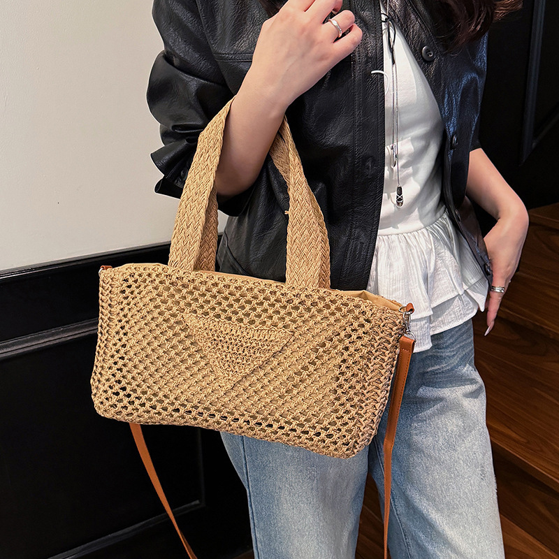 Free Shipping New Designer Bag Beach Vacation Woven Bag Large Capacity Handheld Straw Bag Casual Simple Hollow Shoulder Bag Trendy Shopping Bag