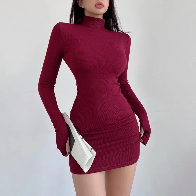 Red Half Turtleneck Mini Dress Women Y2K Long Sleeve Sexy Slim Hip Fall Winter Ladies Streetwear Party Club Vestidos Black 250827