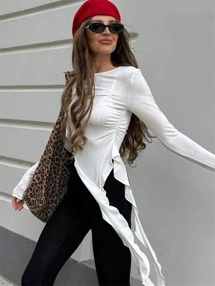 Tossy White Knit Slim Tshirt Pullover Female Ruffled Patchwork SeeThrough Long Sleeve Y2k Sexy Inner Top Womens Knitwear Tee 250826