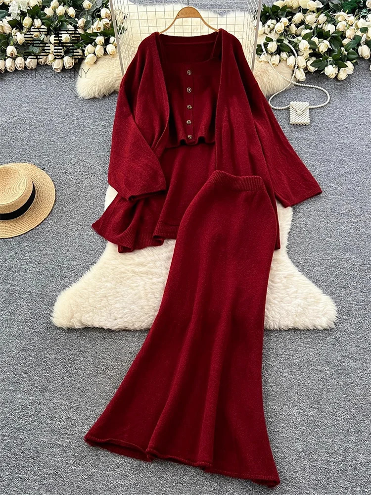 SINGREINY Winter Casual Knit 3pcs Sets Female Loose CardiganButton n CamisoleBodycon Long Skirt Autumn Women Thick Suits 250827