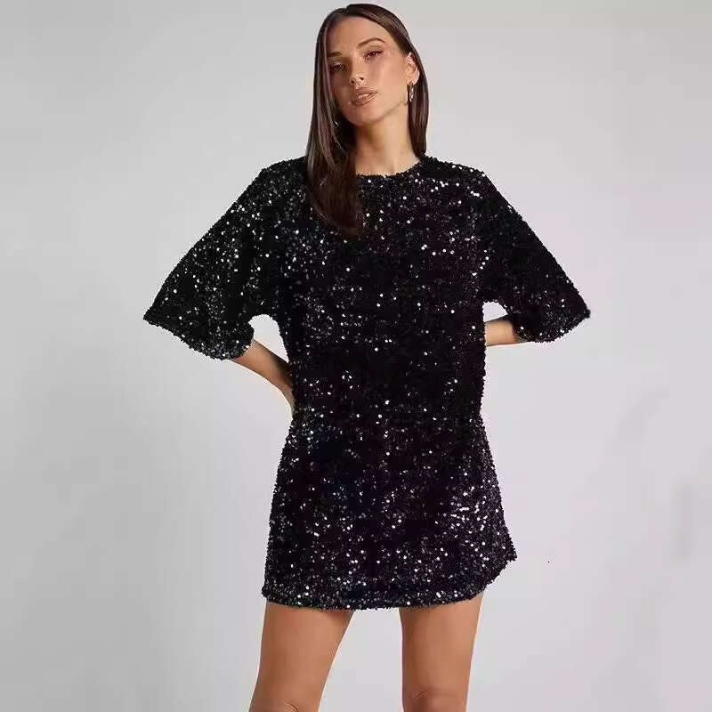 Bestseller 2025 Spring/Summer New Women's Fashion Mid-Length Asymmetrical Shoulder Sequin Dress Gown Ddmylion