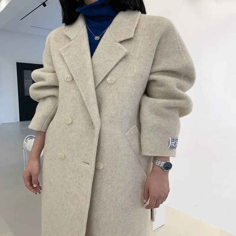 Autumn Winter Wool Coat Women Doublebreasted Solid Color Womens Doublesided Woolen Belt Coats Loose Warm Wool Jacket 250826